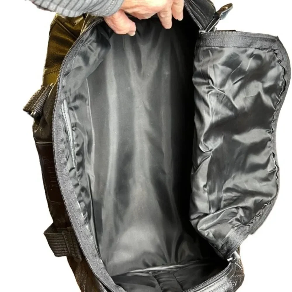 Patched Leather Weekender / Tote Bag in Black Padded Shoulder strap and‎ handle